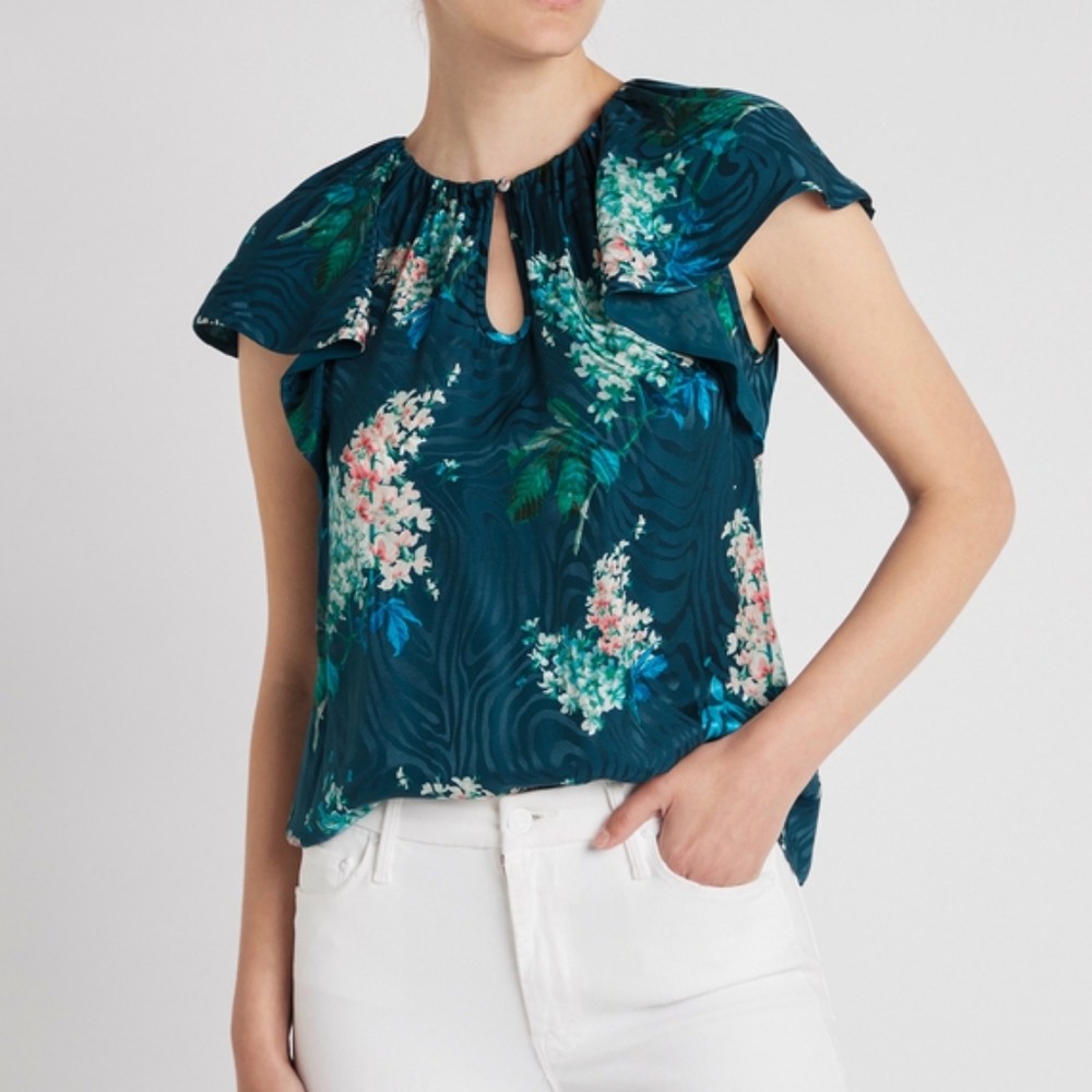 REBECCA TAYLOR Hydrangea Silk Flutter Sleeve Top M